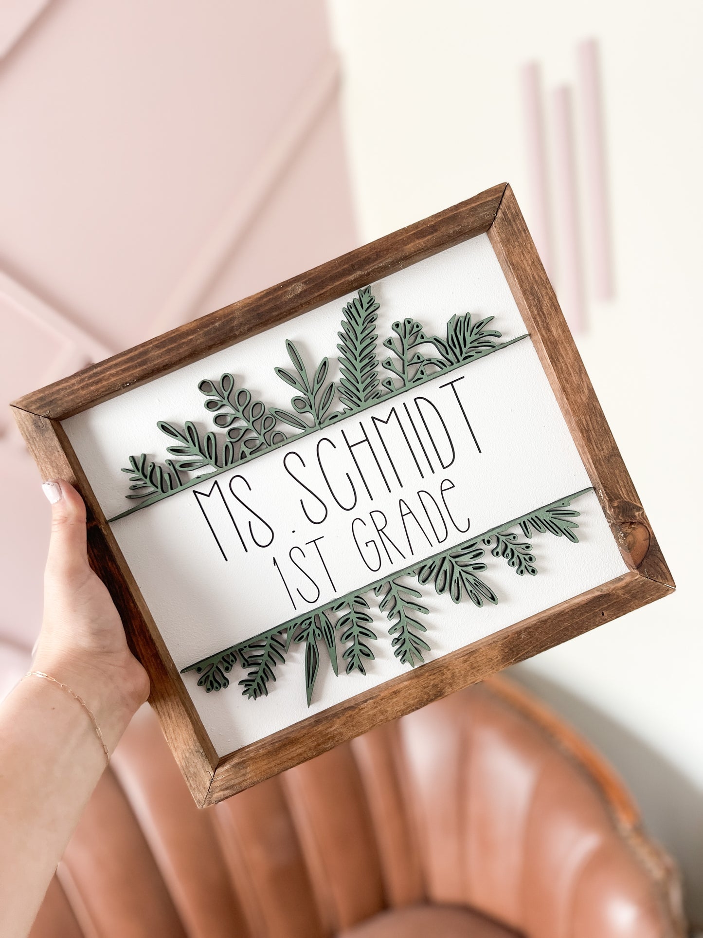 Teacher Name + Grade w/ 3D Greenery Sign
