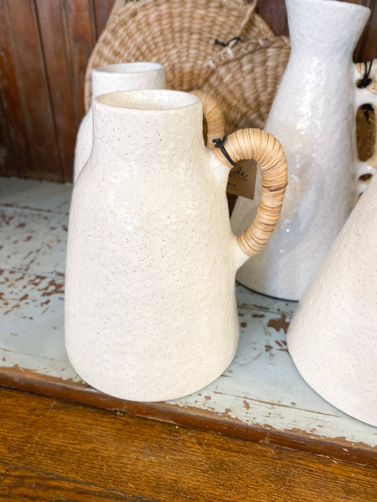 Rattan Wrapped Handle Vase Off White Small