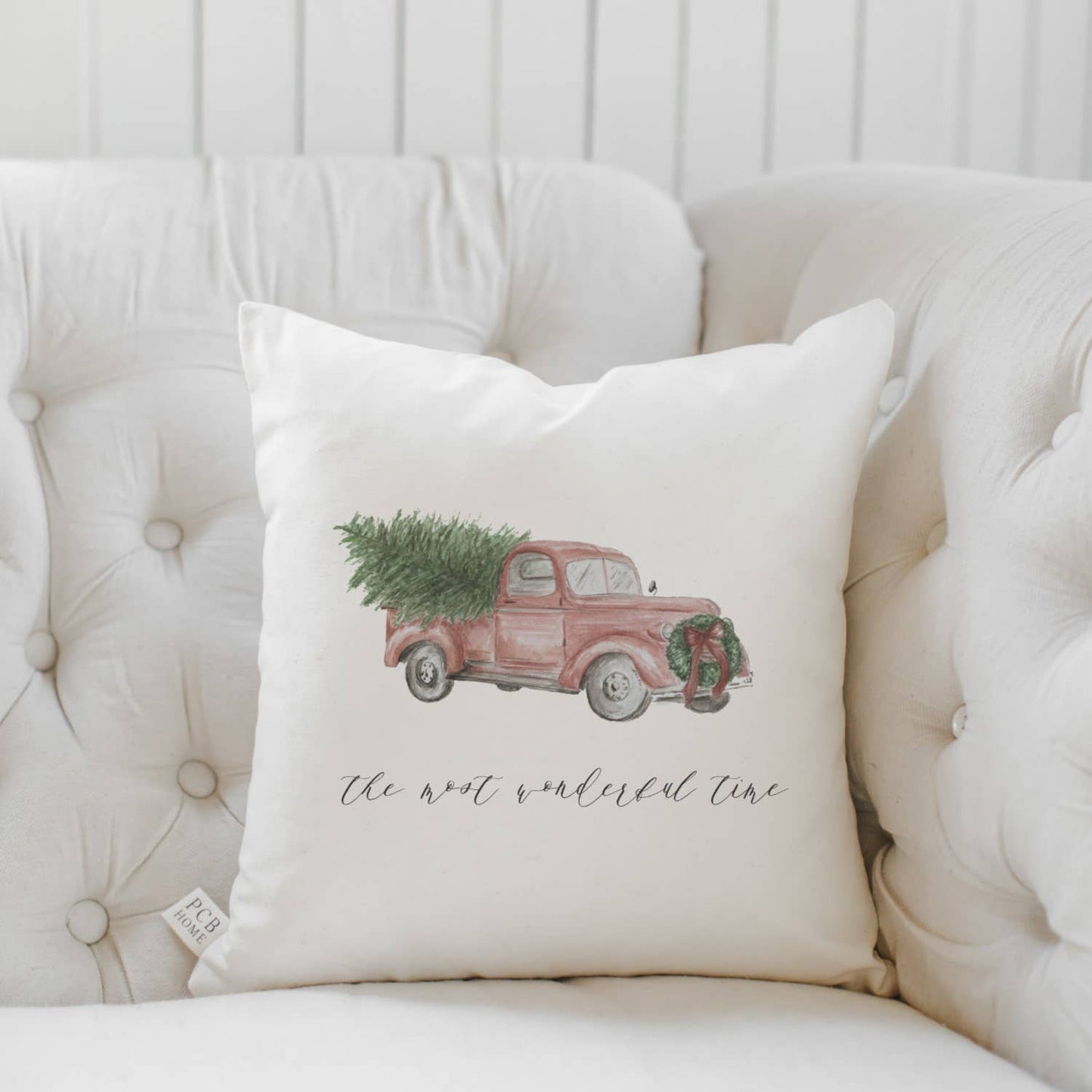 The Most Wonderful Time Watercolor Throw Pillow: Natural / Faux-Down / 16"