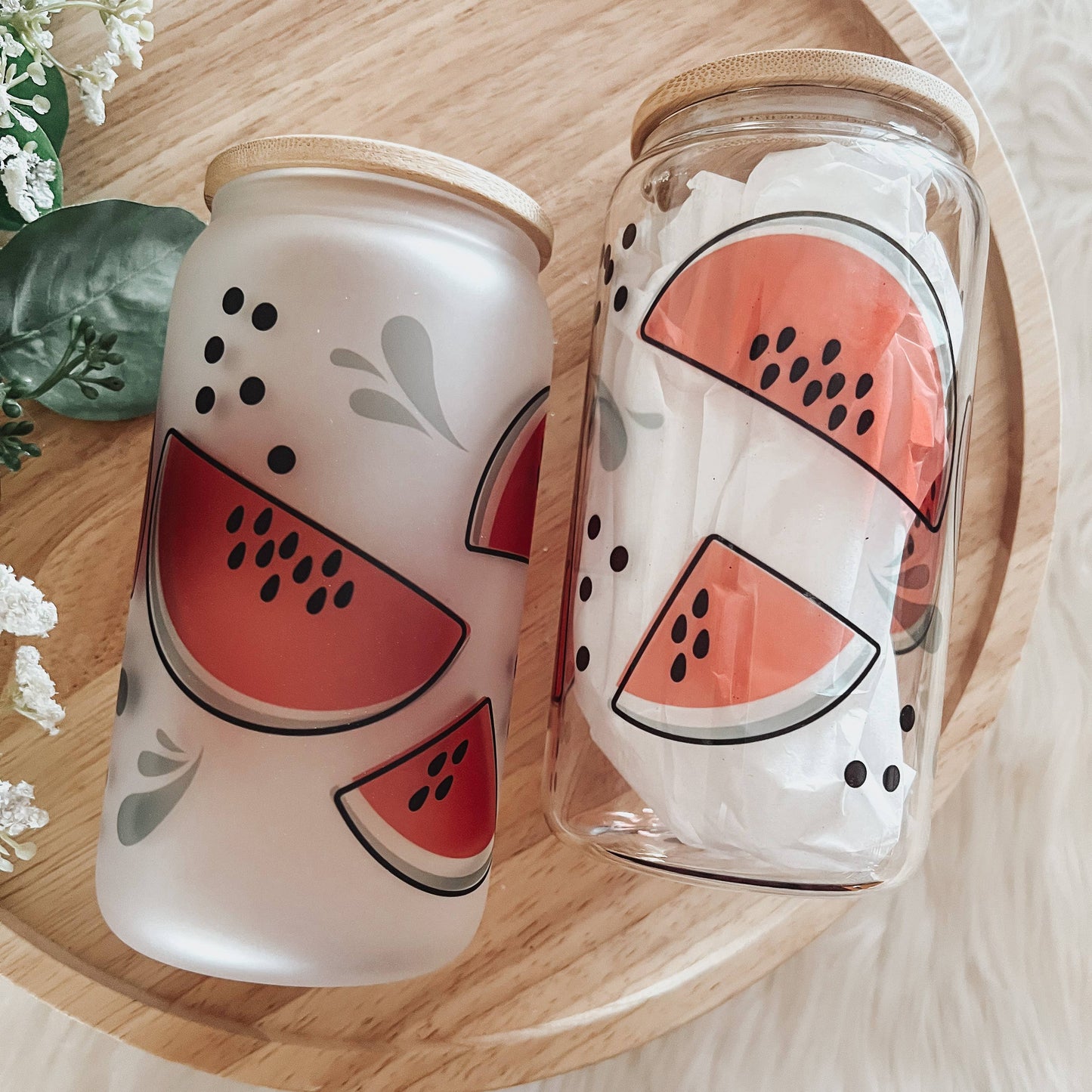 Watermelon 16oz Glass Cup with Bamboo Lid