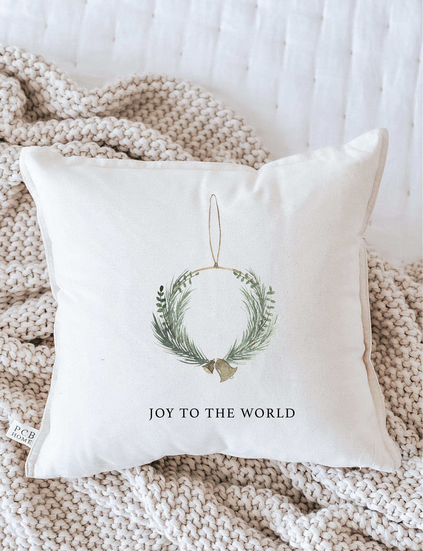 Joy To The World Wreath Christmas Throw Pillow: Natural / Faux-Down / 16"