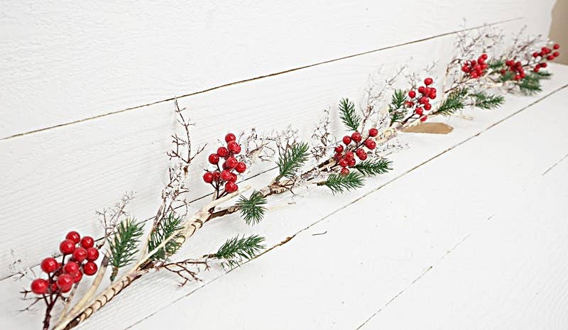 Snowy Red Berries with Birch Branches