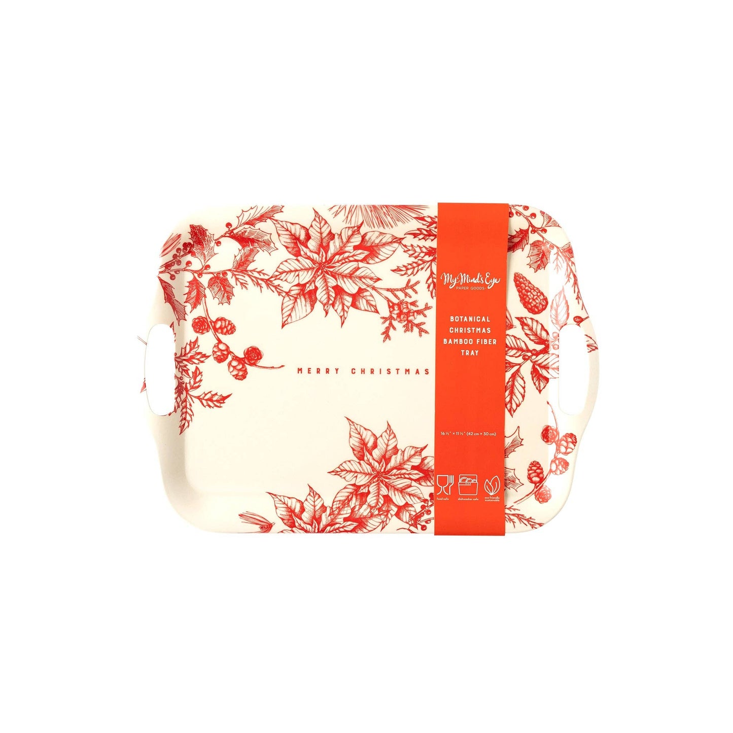 Red Floral Merry Christmas Reusable Bamboo Tray