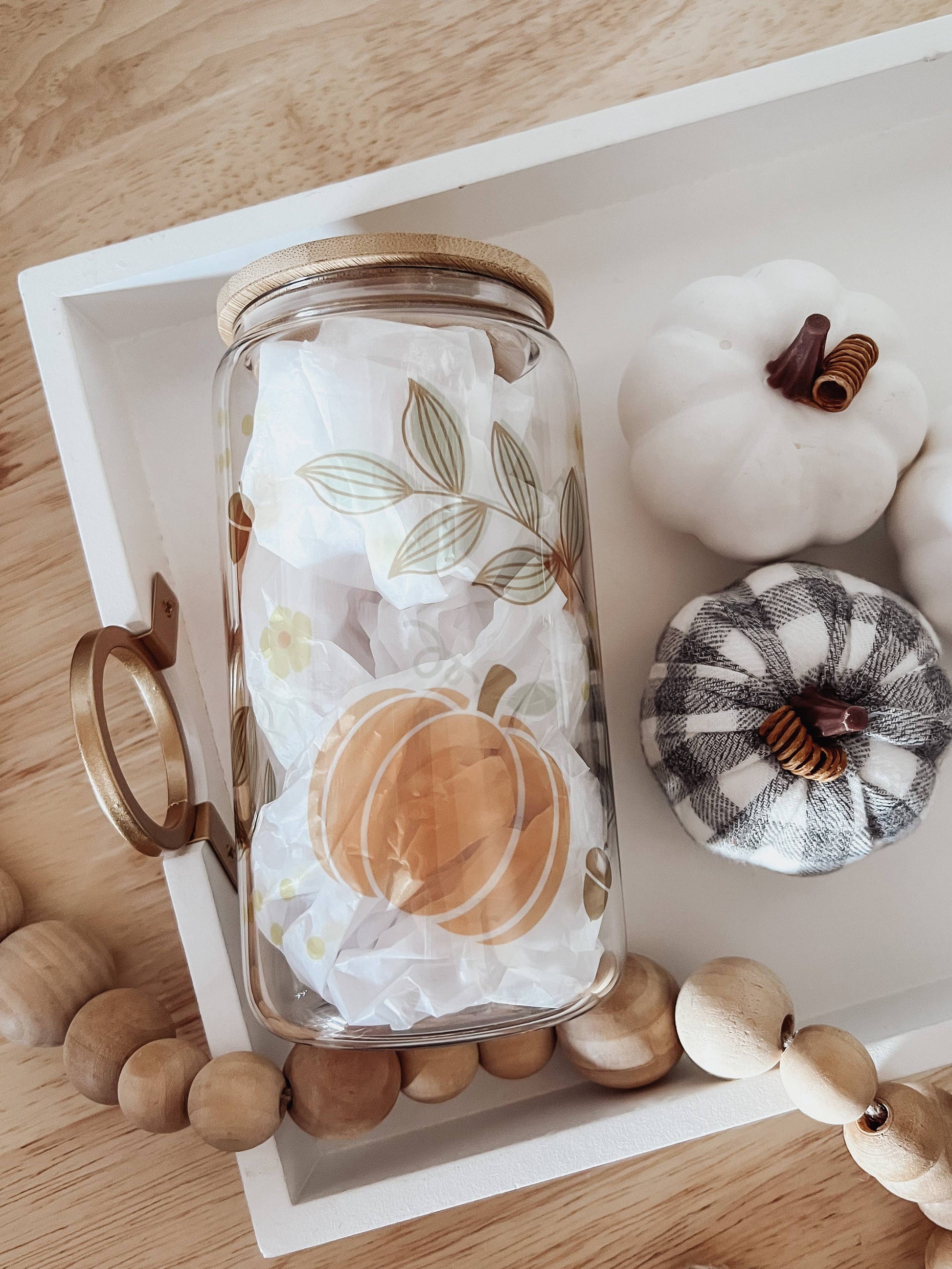 Pumpkins 16 oz Glass Cup with Bamboo Lid