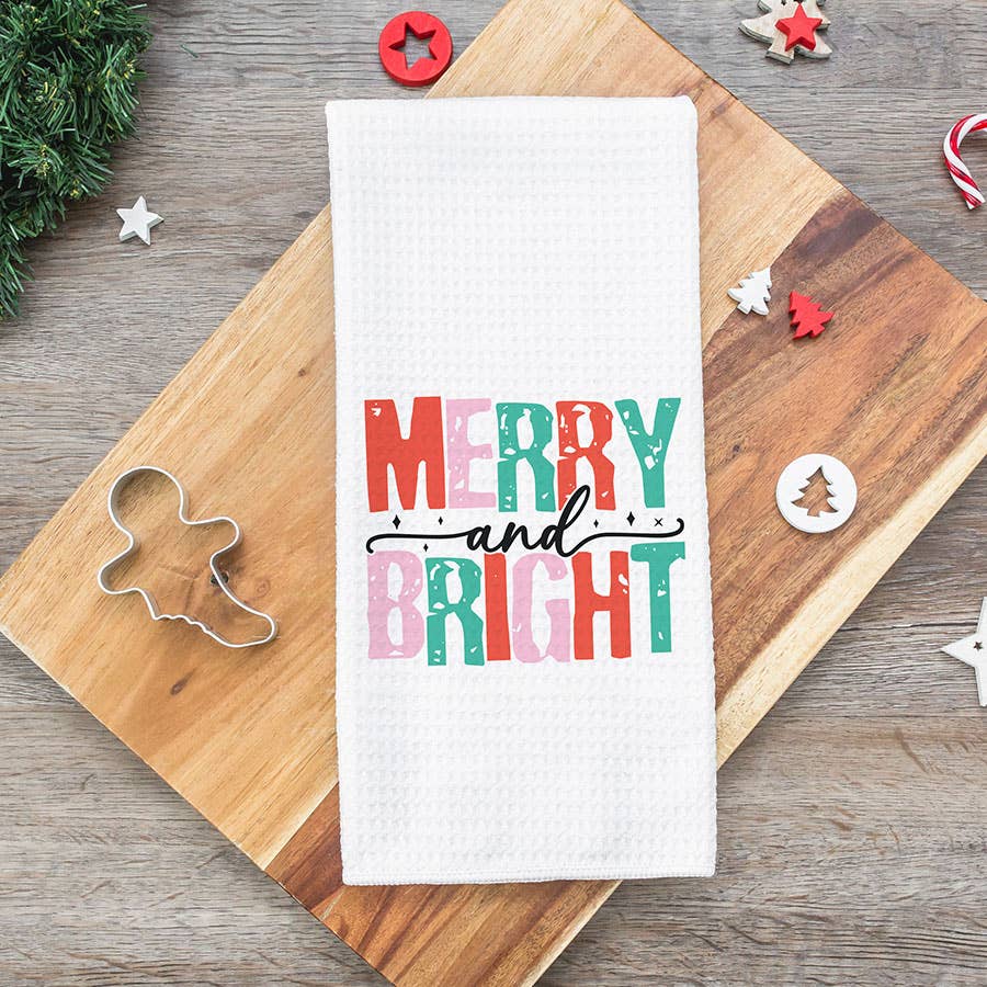 Merry Bright Christmas Towel, Pink Retro Holiday Decor